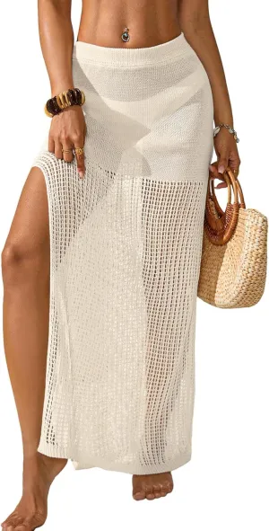Womens Crochet Elastic Waist Beach Skirt Summer 2025 Hollow Out Sheer Side Slit Bathing Suit Cover Up Maxi Skirt
