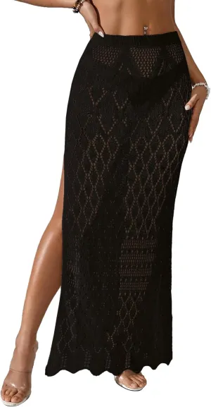Womens Crochet Floral Knit Beach Dress 2025 Summer Elastic Waist Side Slit Bathing Suit Cover Up Sarong Skirt