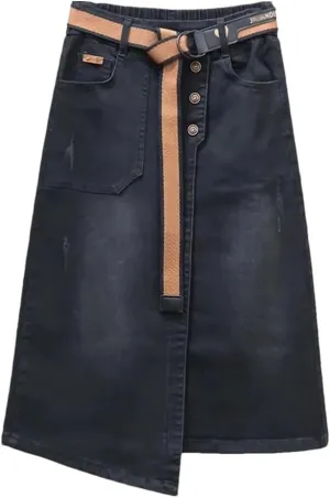 Women's Denim Skirts Summer High-Waisted A-LINE Belt Split Retro Jeans Skirts