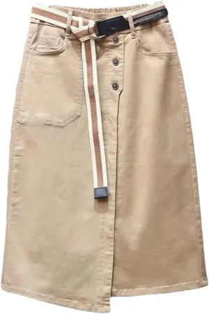 Women's Denim Skirts Summer High-Waisted A-LINE Belt Split Retro Jeans Skirts