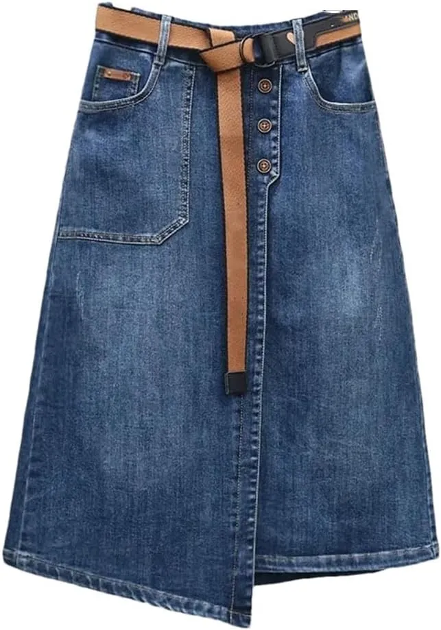 Women's Denim Skirts Summer High-Waisted A-LINE Belt Split Retro Jeans Skirts