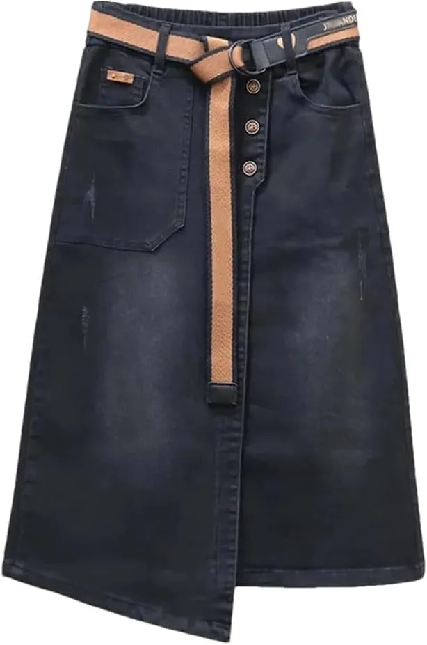 Women's Denim Skirts Summer High-Waisted A-LINE Belt Split Retro Jeans Skirts