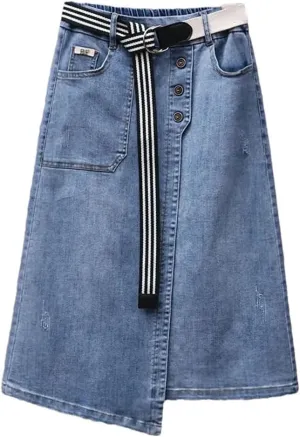 Women's Denim Skirts Summer High-Waisted A-LINE Belt Split Retro Jeans Skirts