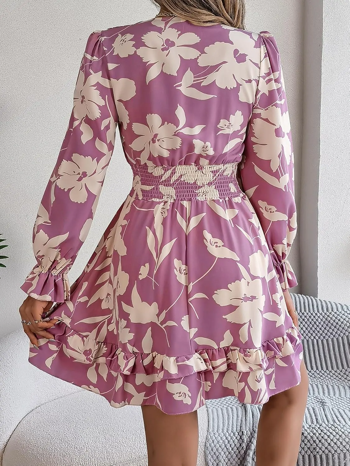 Womens Dresses 2024 Floral V Neck Ruffle Long Sleeve Elastic Waist Casual A-Line Mini Dress S~XL