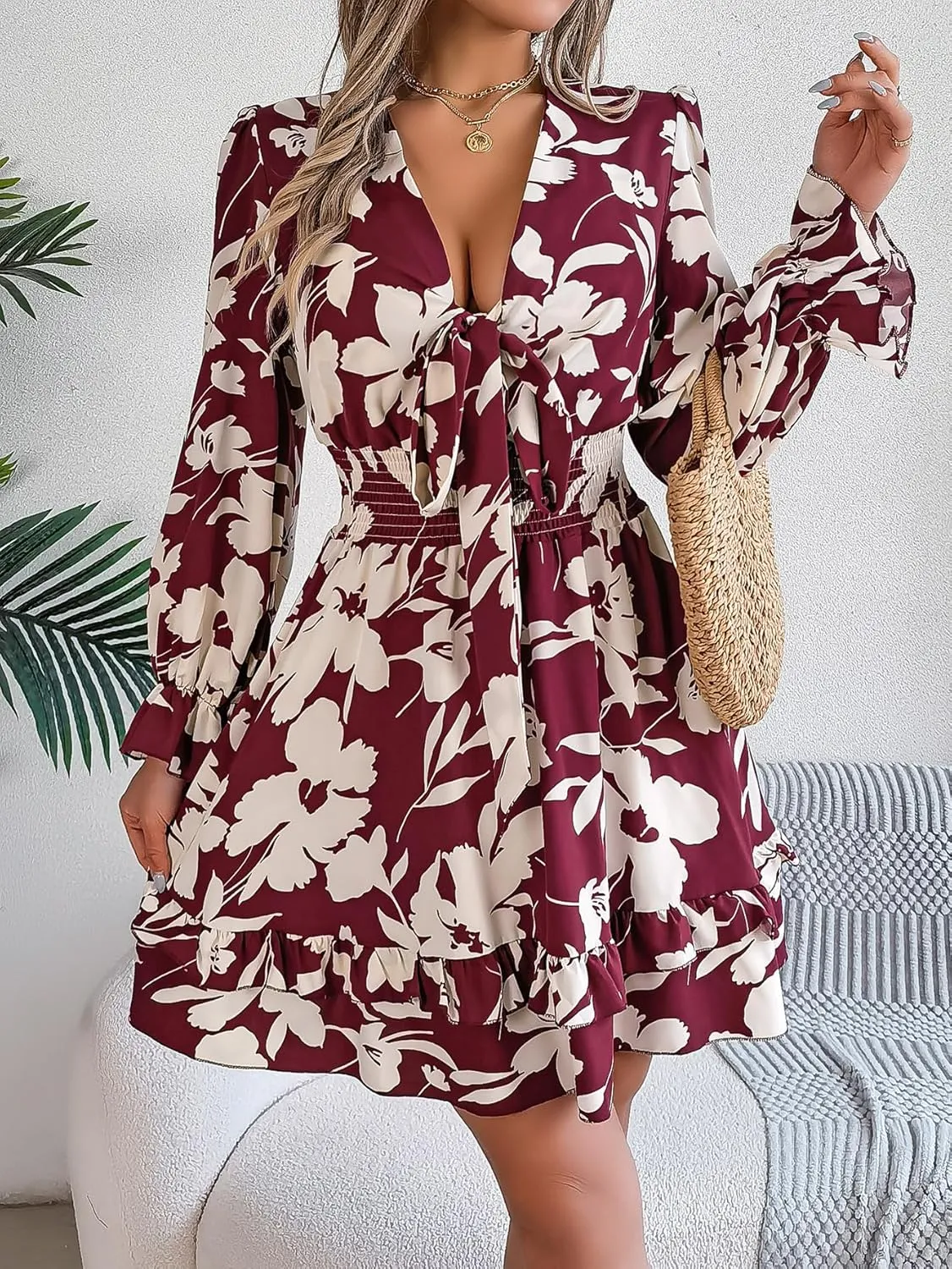 Womens Dresses 2024 Floral V Neck Ruffle Long Sleeve Elastic Waist Casual A-Line Mini Dress