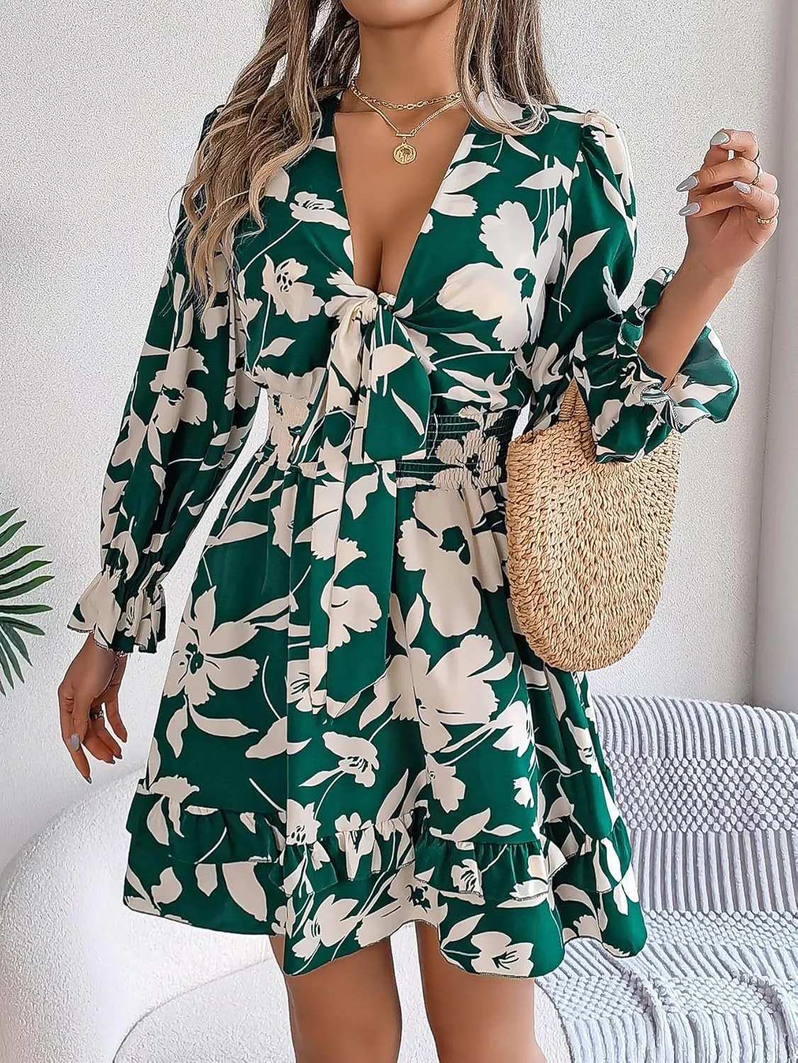 Womens Dresses 2024 Floral V Neck Ruffle Long Sleeve Elastic Waist Casual A-Line Mini Dress