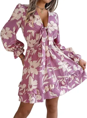 Womens Dresses 2024 Floral V Neck Ruffle Long Sleeve Elastic Waist Casual A-Line Mini Dress