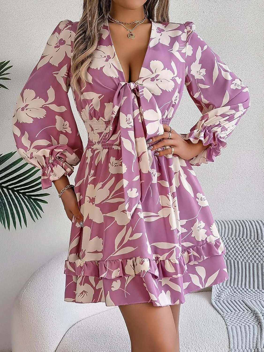Womens Dresses 2024 Floral V Neck Ruffle Long Sleeve Elastic Waist Casual A-Line Mini Dress