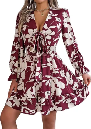 Womens Dresses 2024 Floral V Neck Ruffle Long Sleeve Elastic Waist Casual A-Line Mini Dress