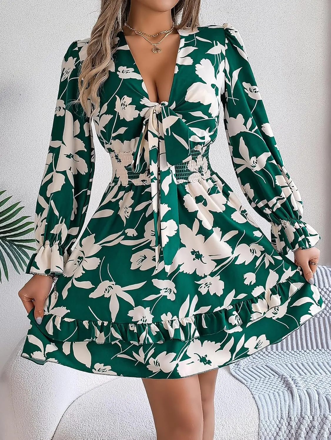 Womens Dresses 2024 Floral V Neck Ruffle Long Sleeve Elastic Waist Casual A-Line Mini Dress