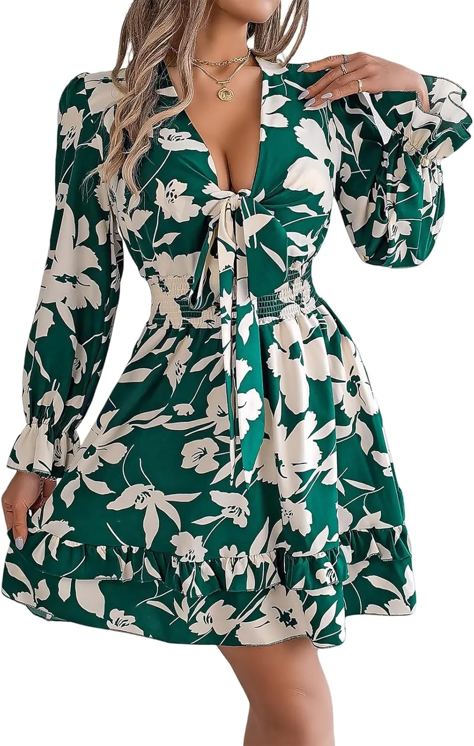 Womens Dresses 2024 Floral V Neck Ruffle Long Sleeve Elastic Waist Casual A-Line Mini Dress