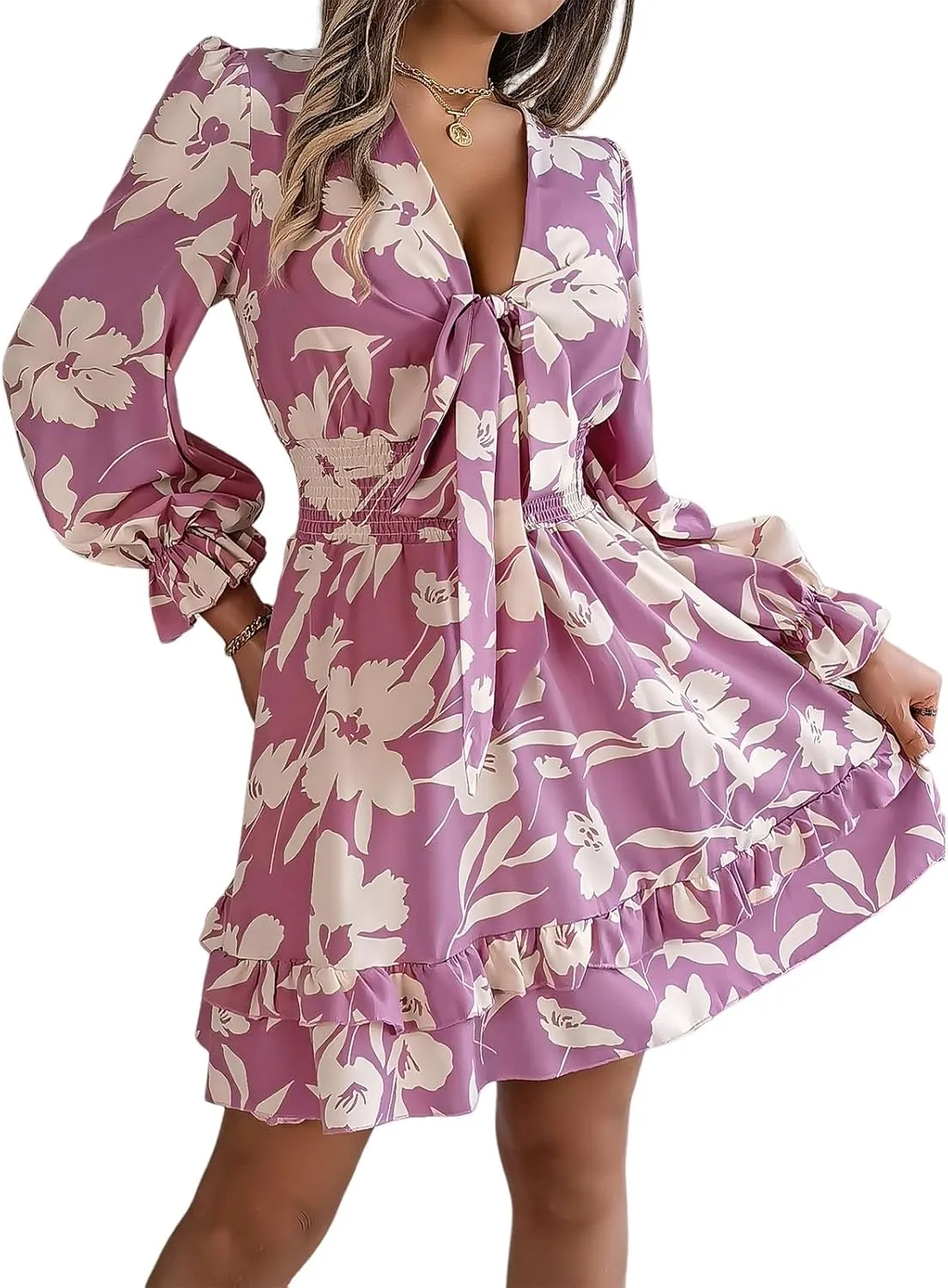 Womens Dresses 2024 Floral V Neck Ruffle Long Sleeve Elastic Waist Casual A-Line Mini Dress