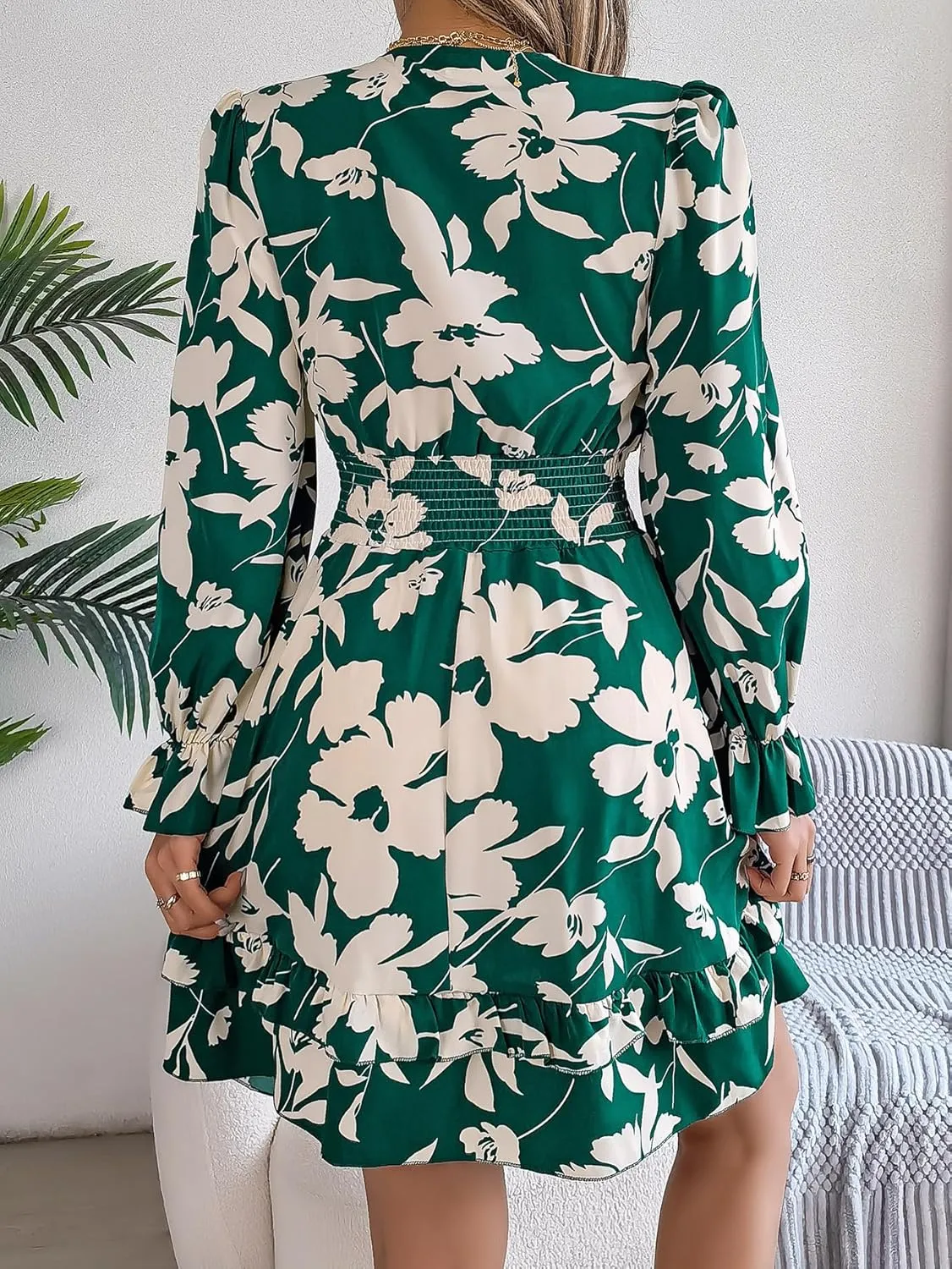 Womens Dresses 2024 Floral V Neck Ruffle Long Sleeve Elastic Waist Casual A-Line Mini Dress