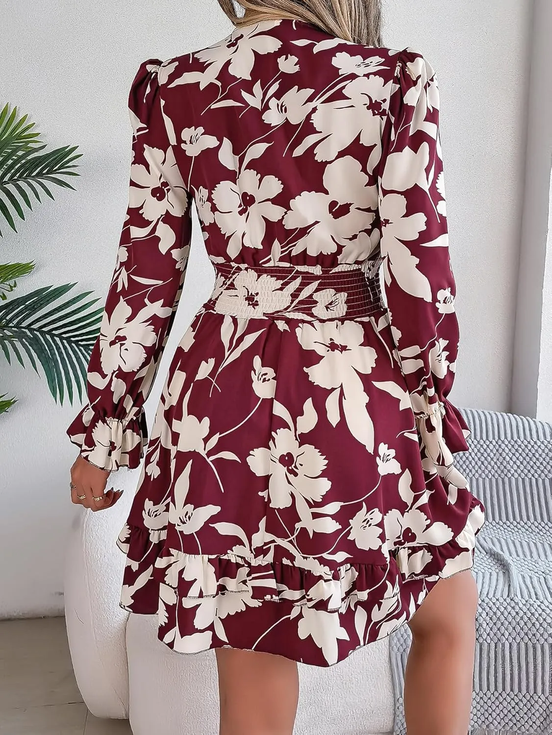 Womens Dresses 2024 Floral V Neck Ruffle Long Sleeve Elastic Waist Casual A-Line Mini Dress