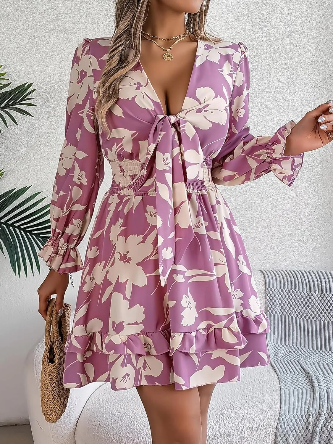 Womens Dresses 2024 Floral V Neck Ruffle Long Sleeve Elastic Waist Casual A-Line Mini Dress