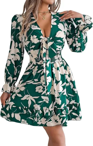 Womens Dresses 2024 Floral V Neck Ruffle Long Sleeve Elastic Waist Casual A-Line Mini Dress