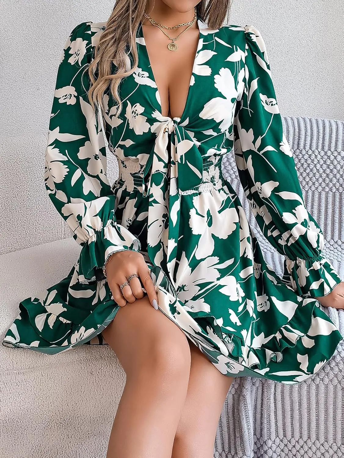 Womens Dresses 2024 Floral V Neck Ruffle Long Sleeve Elastic Waist Casual A-Line Mini Dress