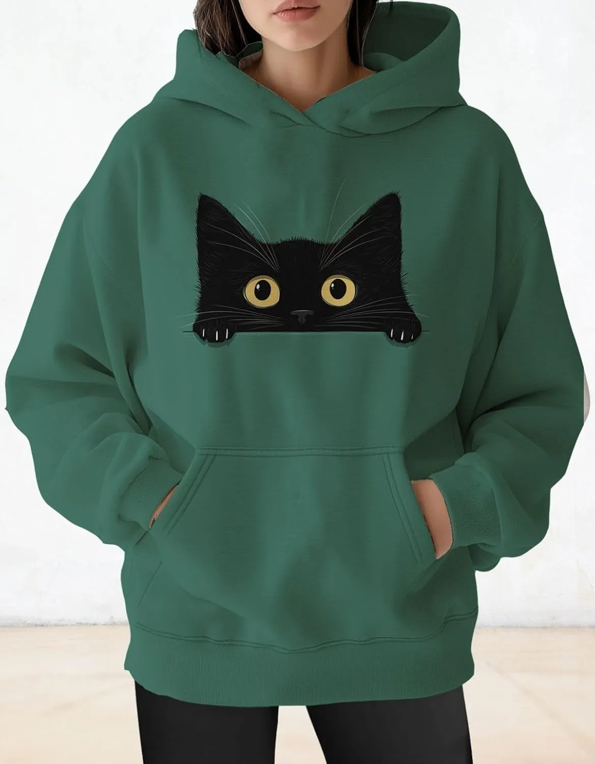 Womens Funny Cat Hoodies Oversized Cute Cat Lovers Printed Hooded Sweatshirt Y2K Fall Pullover Tops with Pockets