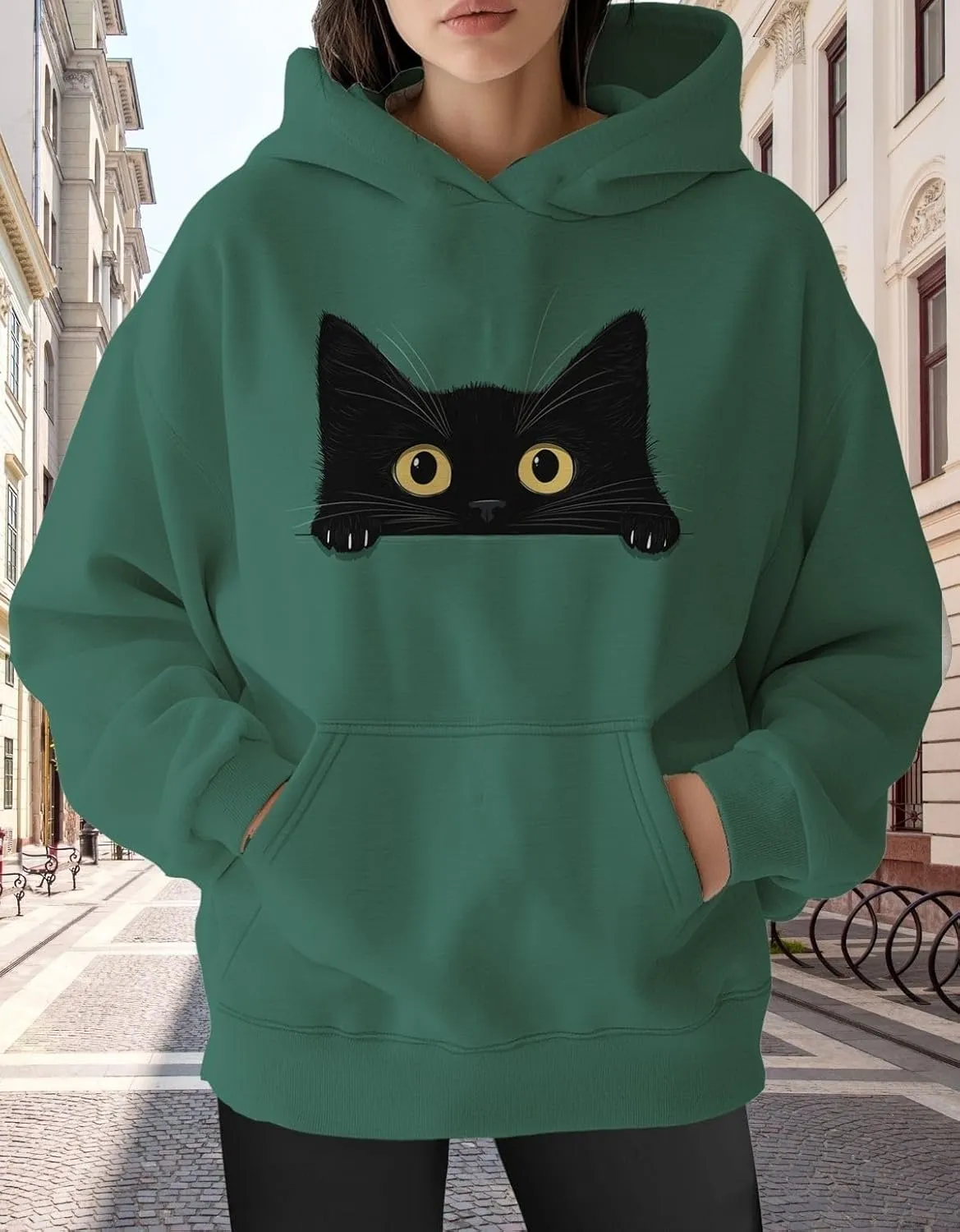 Womens Funny Cat Hoodies Oversized Cute Cat Lovers Printed Hooded Sweatshirt Y2K Fall Pullover Tops with Pockets