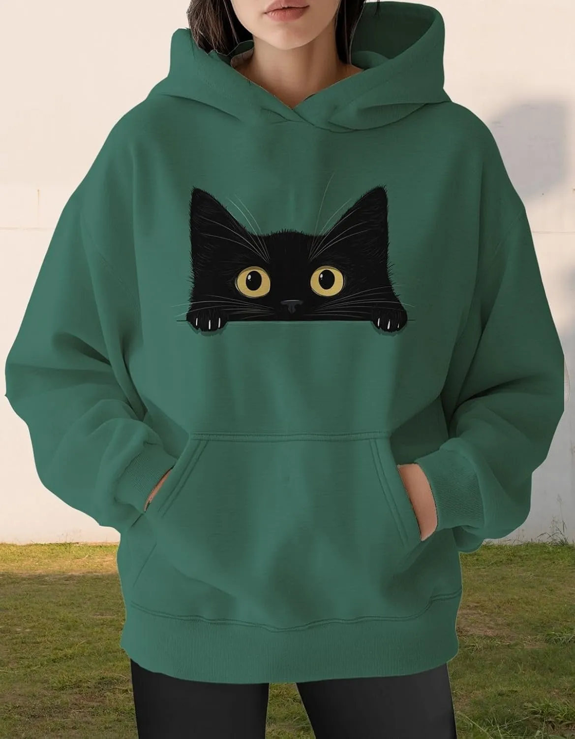 Womens Funny Cat Hoodies Oversized Cute Cat Lovers Printed Hooded Sweatshirt Y2K Fall Pullover Tops with Pockets