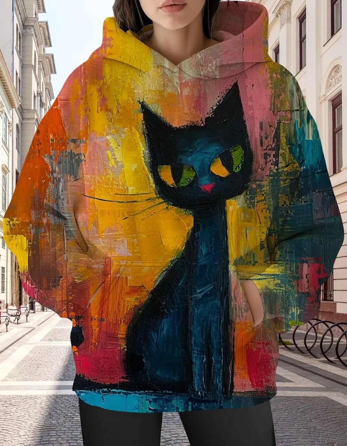 Womens Funny Cat Hoodies Oversized Cute Cat Lovers Printed Hooded Sweatshirt Y2K Fall Pullover Tops with Pockets