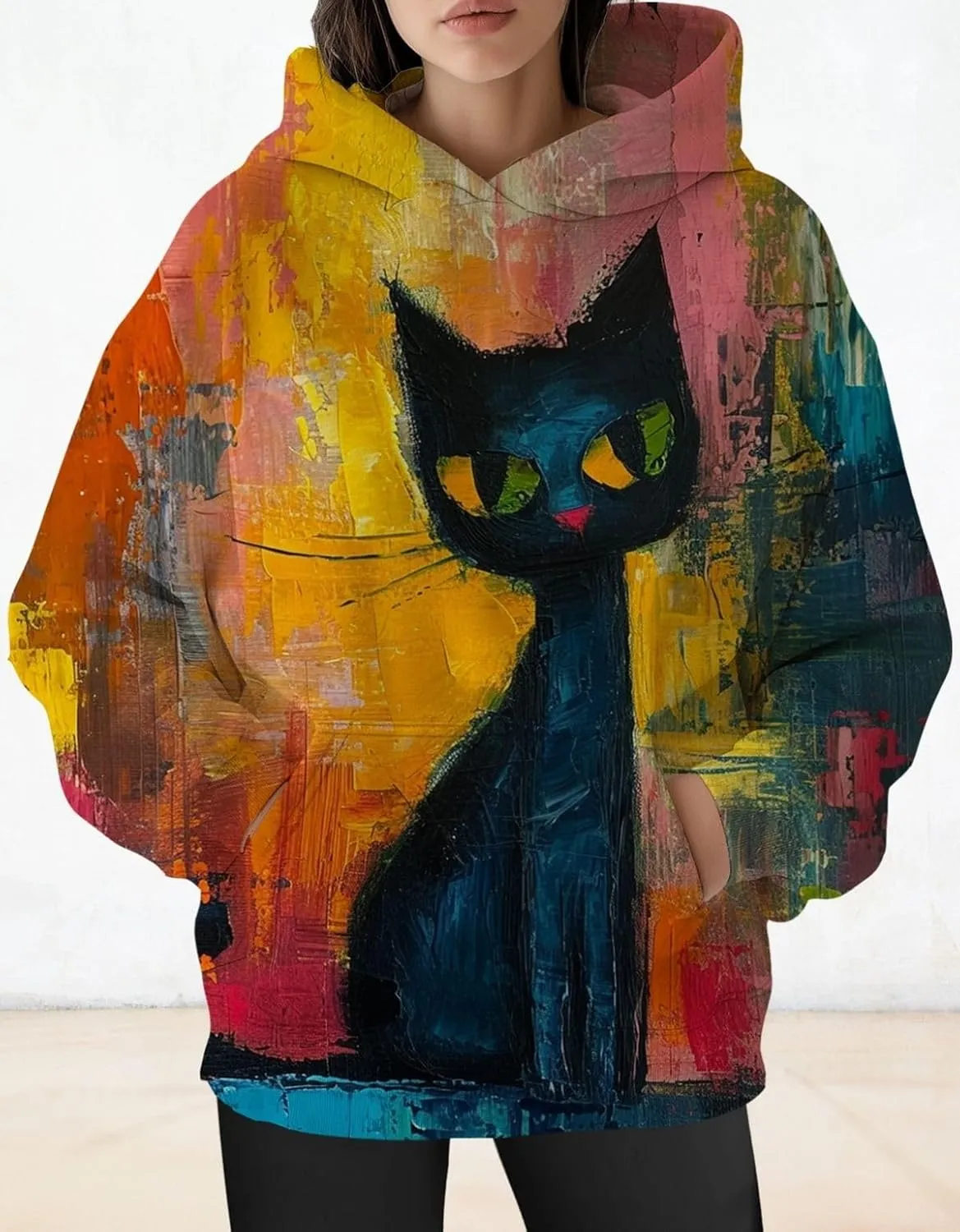 Womens Funny Cat Hoodies Oversized Cute Cat Lovers Printed Hooded Sweatshirt Y2K Fall Pullover Tops with Pockets