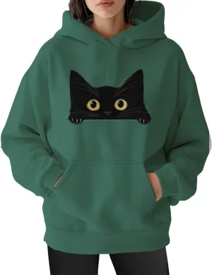 Womens Funny Cat Hoodies Oversized Cute Cat Lovers Printed Hooded Sweatshirt Y2K Fall Pullover Tops with Pockets