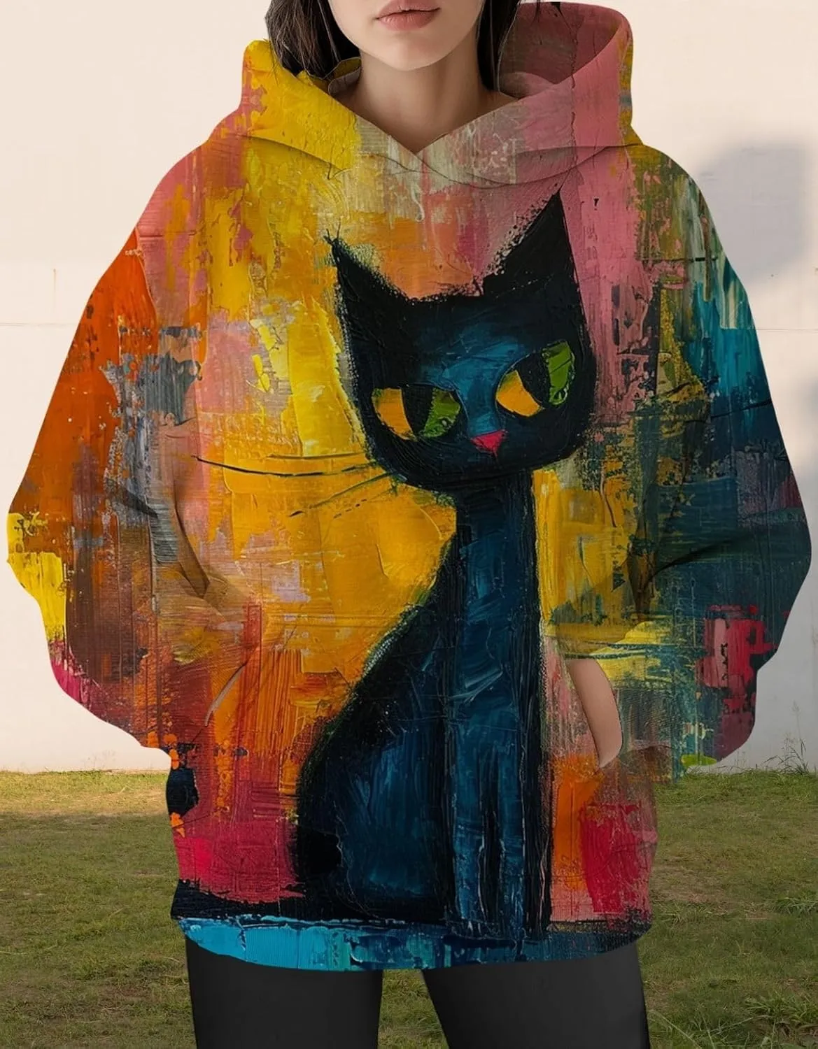 Womens Funny Cat Hoodies Oversized Cute Cat Lovers Printed Hooded Sweatshirt Y2K Fall Pullover Tops with Pockets