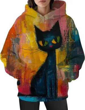 Womens Funny Cat Hoodies Oversized Cute Cat Lovers Printed Hooded Sweatshirt Y2K Fall Pullover Tops with Pockets