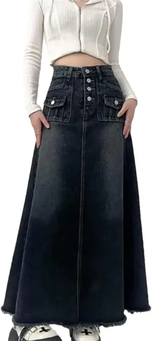 Women's High-Waisted Cargo Denim Skirt Long A-Line Retro Frayed Hem Denim Skirt with Pockets