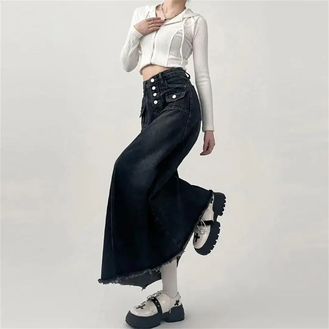 Women's High-Waisted Cargo Denim Skirt Long A-Line Retro Frayed Hem Denim Skirt with Pockets