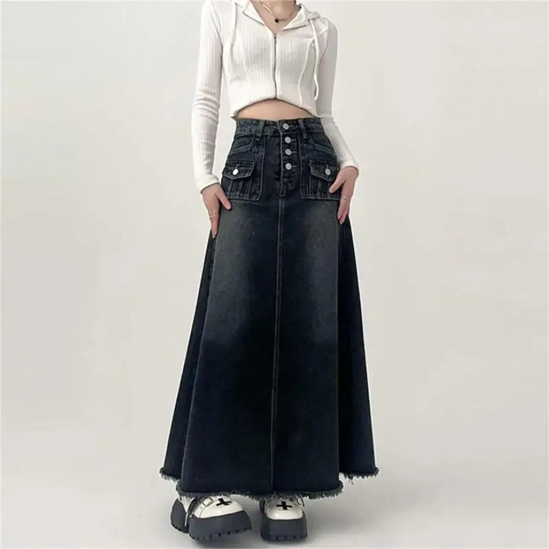 Women's High-Waisted Cargo Denim Skirt Long A-Line Retro Frayed Hem Denim Skirt with Pockets