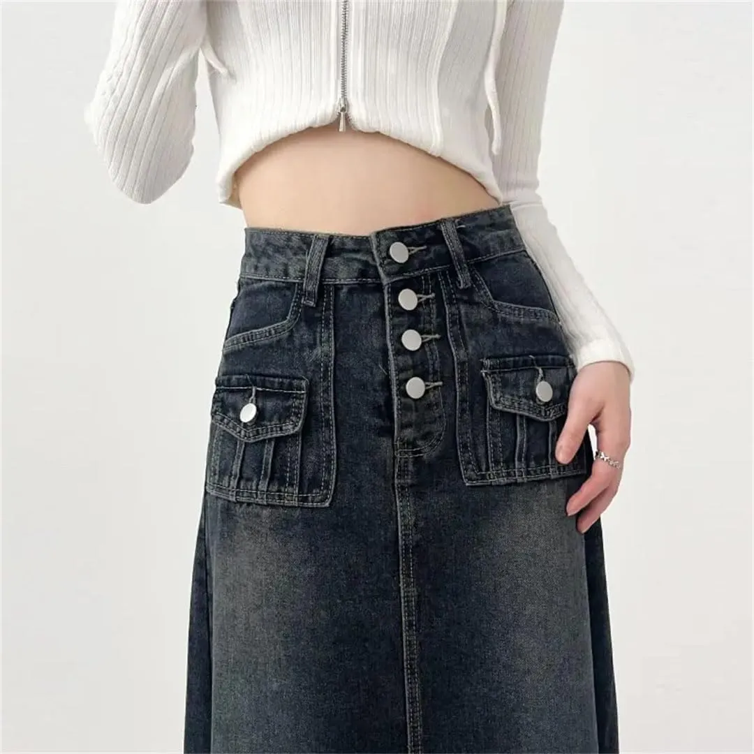 Women's High-Waisted Cargo Denim Skirt Long A-Line Retro Frayed Hem Denim Skirt with Pockets