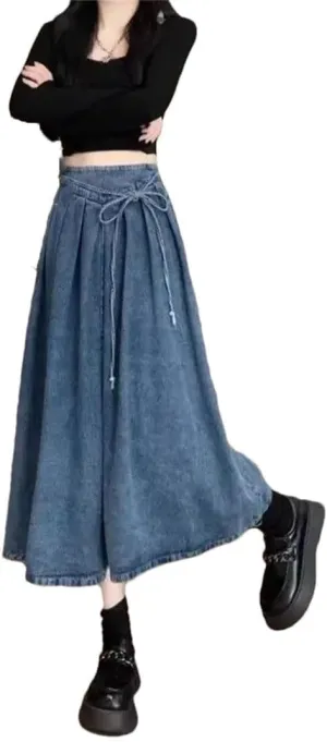 WomenS High-Waisted Denim Skirt A- Line Elastic Waist Denim Casual Solid Skirt