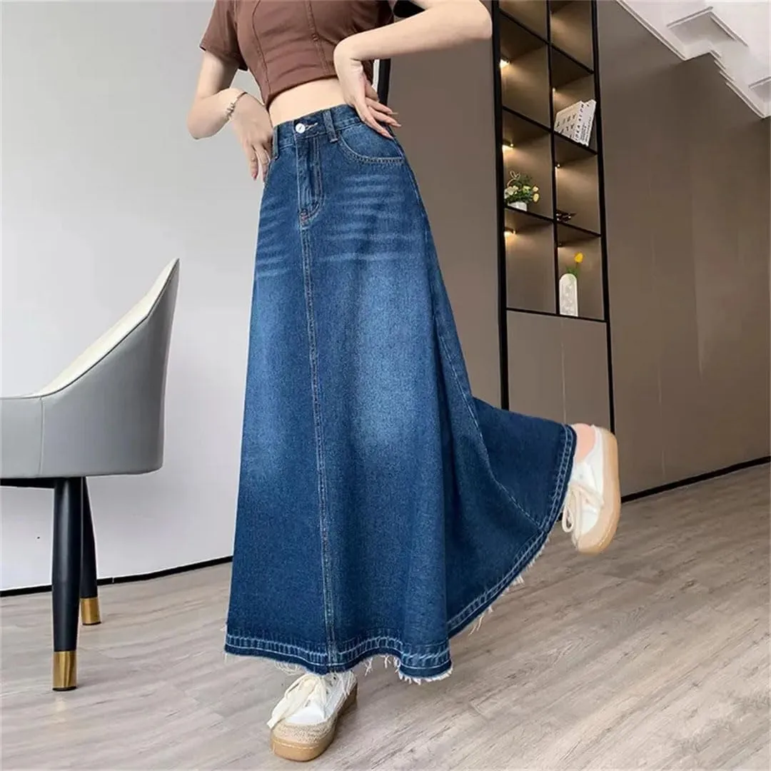 Women's High Waisted Denim Skirt Summer Thin A-Line Umbrella Skirts Casual Skirt with Pockets