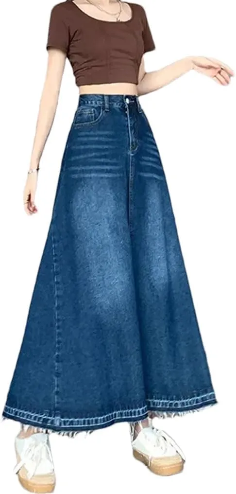 Women's High Waisted Denim Skirt Summer Thin A-Line Umbrella Skirts Casual Skirt with Pockets