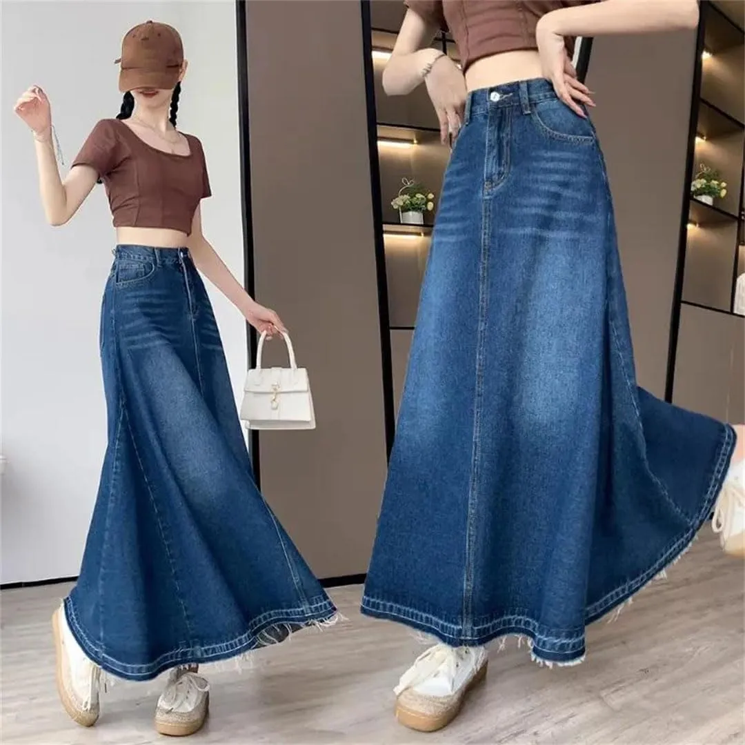 Women's High Waisted Denim Skirt Summer Thin A-Line Umbrella Skirts Casual Skirt with Pockets