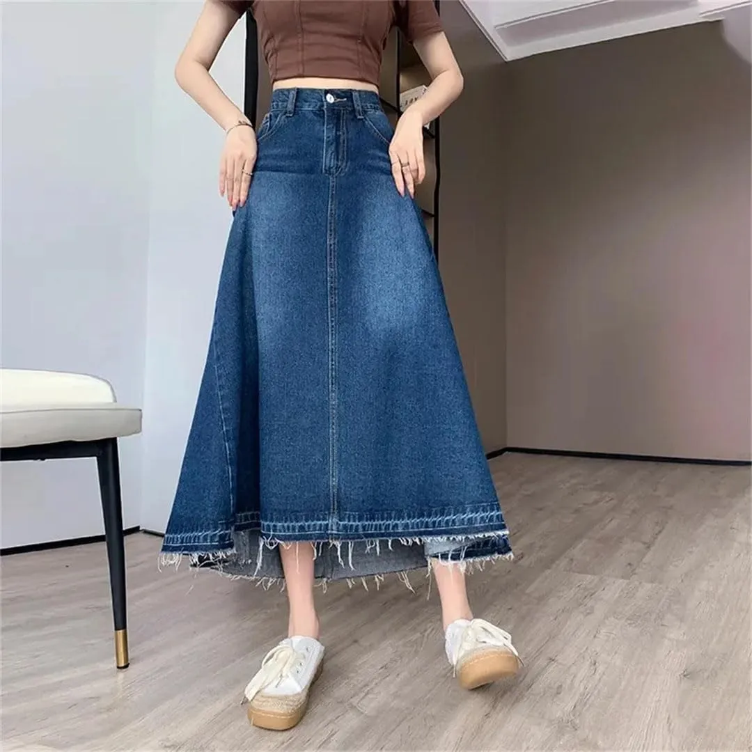 Women's High Waisted Denim Skirt Summer Thin A-Line Umbrella Skirts Casual Skirt with Pockets
