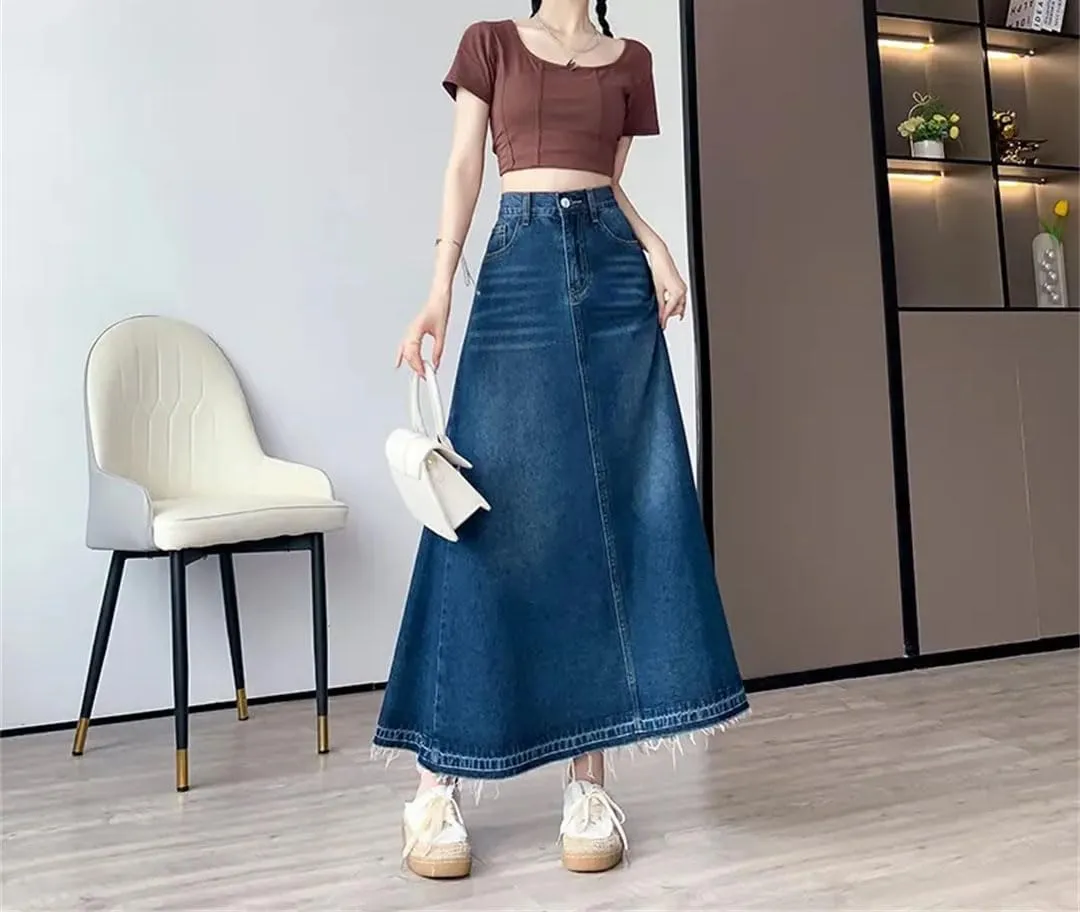 Women's High Waisted Denim Skirt Summer Thin A-Line Umbrella Skirts Casual Skirt with Pockets