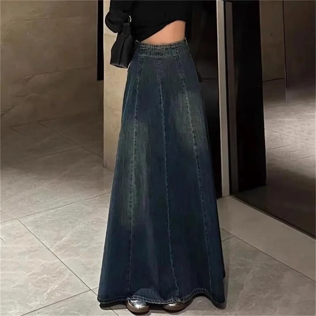 Women's High Waisted Long Denim Skirt Vintage Summer A-Line Loose Skirts