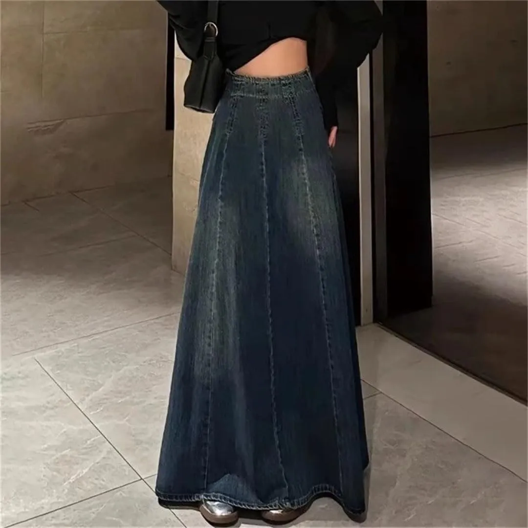 Women's High Waisted Long Denim Skirt Vintage Summer A-Line Loose Skirts