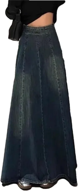 Women's High Waisted Long Denim Skirt Vintage Summer A-Line Loose Skirts