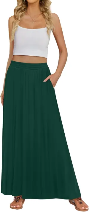 Women's Maxi Skirt Flowy High Waisted Casual Long Skirts with Pockets (Dark Green, 2XL)