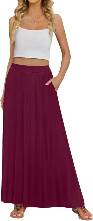 Women's Maxi Skirt Flowy High Waisted Casual Long Skirts with Pockets (Wine Red, L)