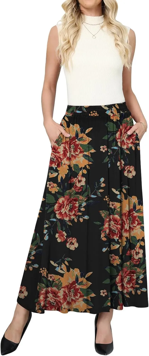 Women's Maxi Skirt Flowy High Waisted Casual Long Skirts with Pockets