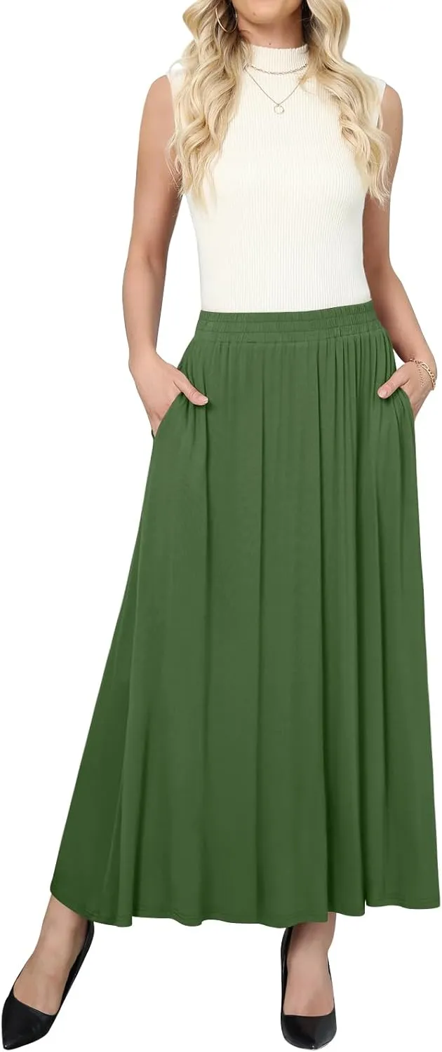 Women's Maxi Skirt Flowy High Waisted Casual Long Skirts with Pockets