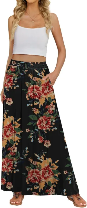 Women's Maxi Skirt Flowy High Waisted Casual Long Skirts with Pockets