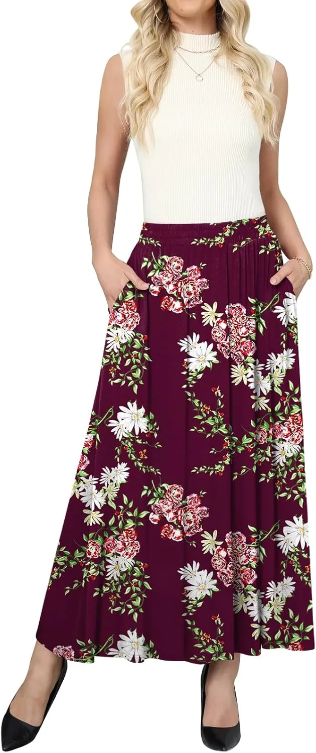 Women's Maxi Skirt Flowy High Waisted Casual Long Skirts with Pockets