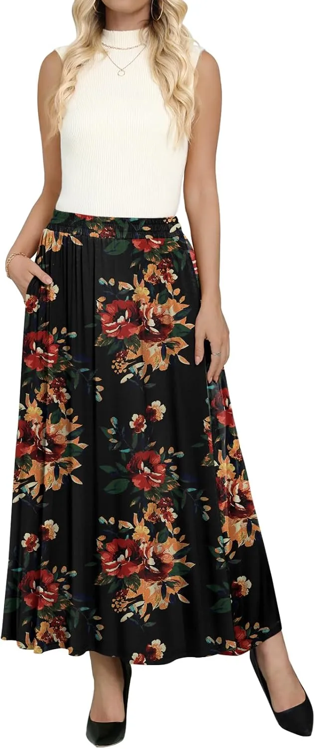 Women's Maxi Skirt Flowy High Waisted Casual Long Skirts with Pockets