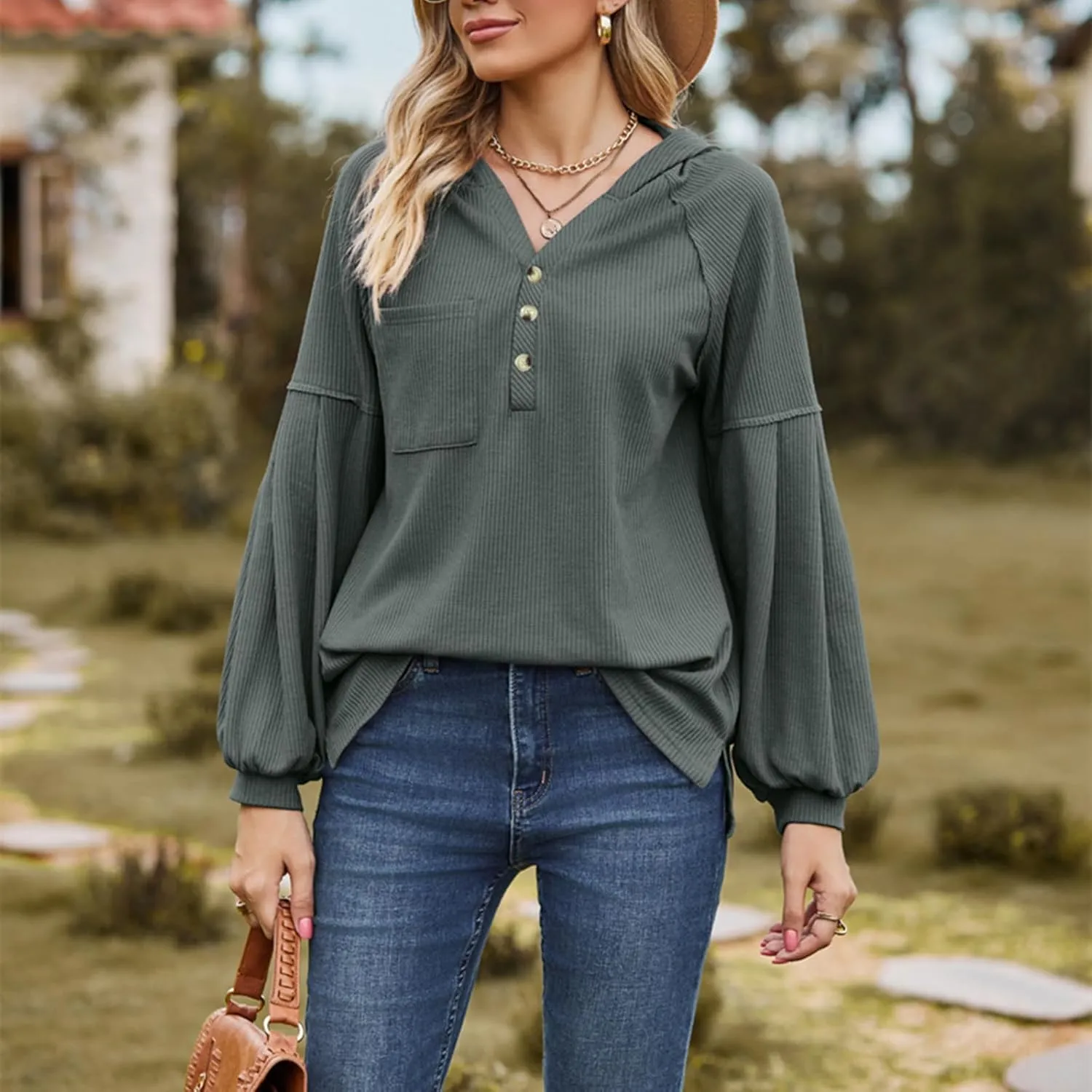 Women's Oversized Hoodies Sweatshirts,Solid Loose Pullover Long-Sleeved T-shirt,Casual Button V Neck Hooded Tops